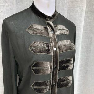 iBlues dark taupe green silk long sleeve blouse with velvet detail